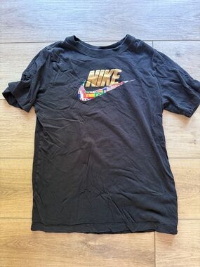 Nike Black Tee with Gold Logo and Multicolor Flag Swoosh